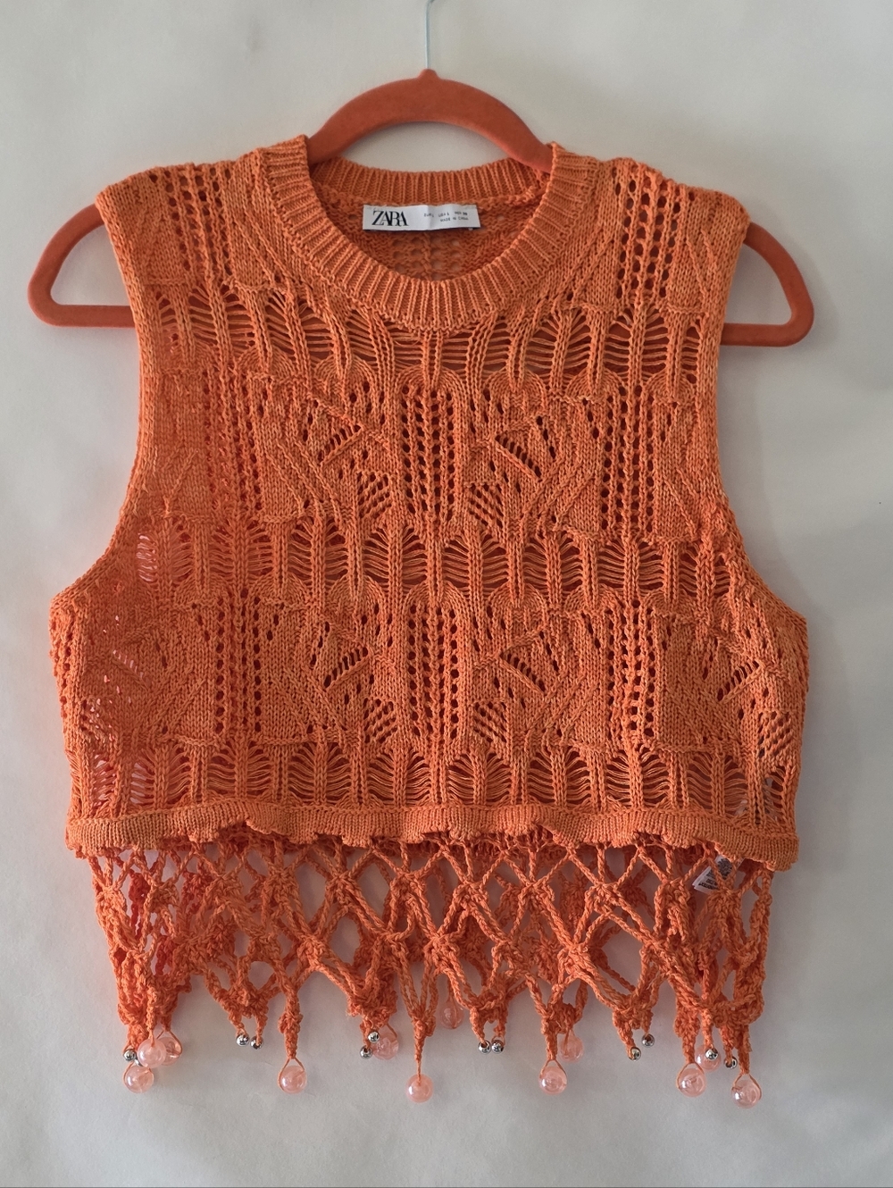 Zara Crochet Knit‎ Crop Top Size L Fringe Tassel Hem Beaded Orange Festival Boho - Picture 11 of 11